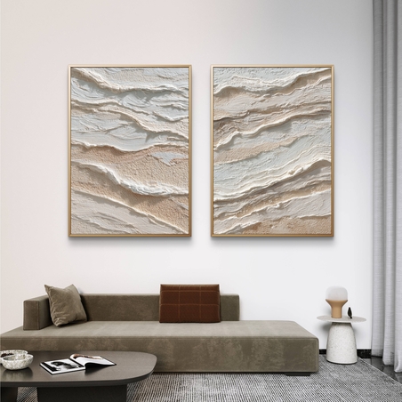 סט תמונות קנבס זוגיות בגווני שמנת ובז’ בעיצוב שכבות טבעיות ומינימליסטיות