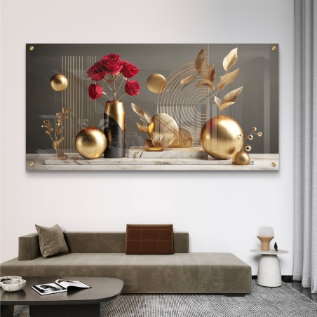 תמונת זכוכית רוחבית בעיצוב יוקרתי עם פרחים אדומים, כדורי זהב ואובייקטים גאומטריים על רקע מודרני