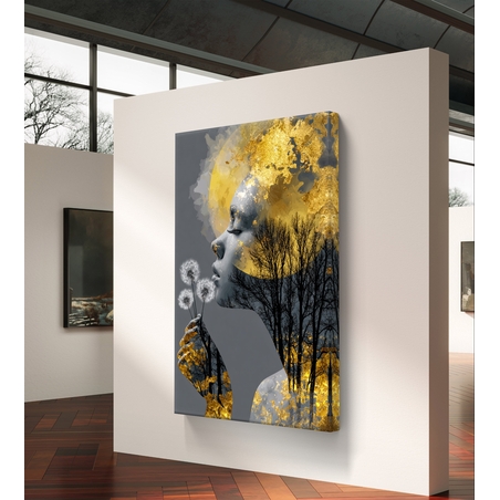 תמונת קנבס אומנותית של אישה עם נגיעות זהב, עצים ופרח, בעיצוב רגשי ומודרני
