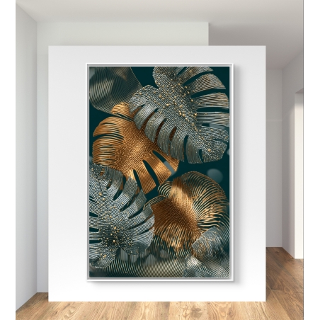 תמונת קנבס לאורך עם עלים טרופיים בגווני זהב וכסף על רקע ירוק עמוק בהדפסה חלקה