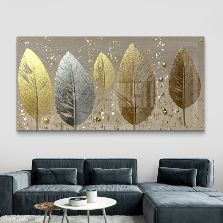 תמונת זכוכית עם עיצוב עלים בזהב וכסף, המשדרת תחושת יוקרה ואלגנטיות, מושלמת להשלמת עיצוב חלל הבית או המשרד.