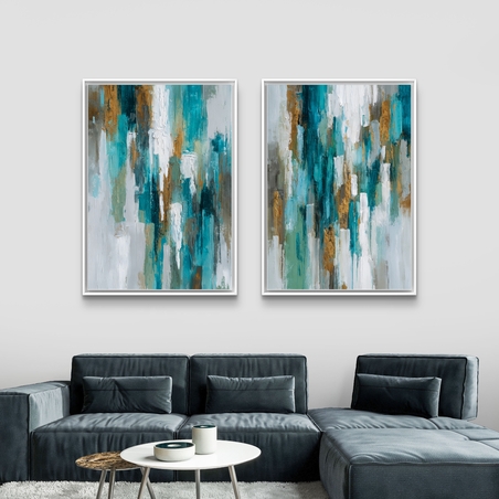 סט תמונות קנבס זוגי בגווני טורקיז, לבן וזהב בעיצוב אבסטרקטי – תכשיט לבית