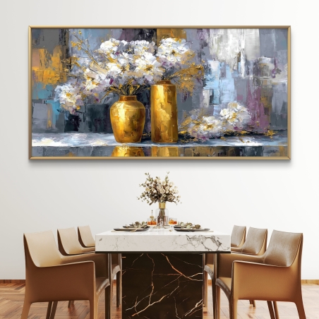 תמונת קנבס Golden Bloom – אגרטלי זהב עם פרחים לבנים על רקע מופשט יוקרתי