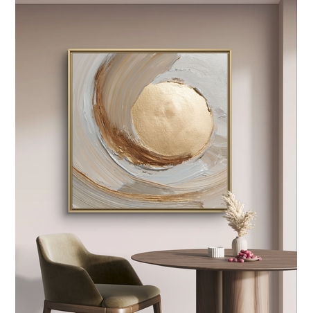 תמונת קנבס מרובעת אבסטרקטית בגווני שמנת עם אלמנט עגול זהוב במרכז, הדפסה חלקה ללא תבליט
