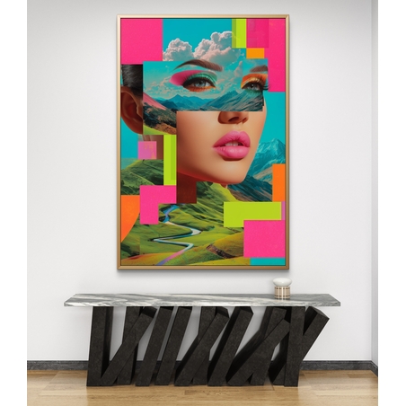 תמונת קנבס צבעונית עם דמות נשית ונופים בסגנון סוריאליסטי