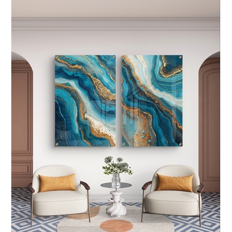 תמונת זכוכית זוגית בעיצוב אבסטרקט בגווני טורקיז, כחול וזהב עם זרימה טבעית