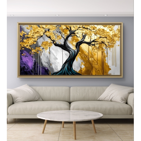 תמונת קנבס לרוחב של עץ אומנותי עם עלי זהב, רקע דינמי בגווני סגול, שחור ולבן, המתאימה לעיצוב חללים מודרניים ויוקרתיים.