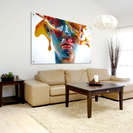 תמונת זכוכית לרוחב עם דיוקן אבסטרקטי צבעוני בגווני אדום, כתום, כחול וזהב מבית תכשיט לבית.