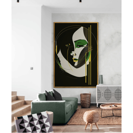 תמונה לסלון או למשרד אבסטרקט מינימליסטי גוונים של ירוק שחור וזהב מודפסת על קנבס דגם 205455
