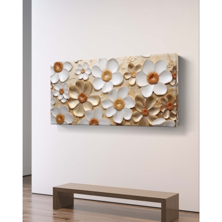 תמונת קנבס פרחונית בגווני לבן וזהב בעיצוב תלת-ממדי יוקרתי מבית תכשיט לבית