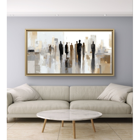 תמונת קנבס לרוחב – דמויות שחורות מופשטות על רקע עירוני בגווני בז’, אפור ולבן, בהדפסה חלקה ואיכותית מבית תכשיט לבית.