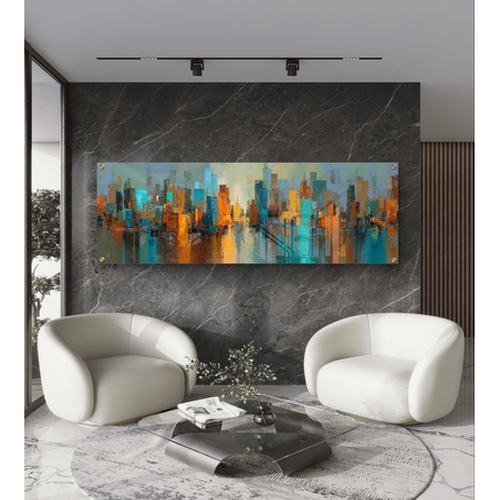 תמונת זכוכית פנורמית אבסטרקטית עם קו־רקיע עירוני בגווני טורקיז, כתום וזהב בעיצוב מודרני ודינמי לקיר הבית