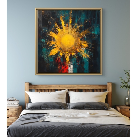 תמונת קנבס מרובעת עם שמש זהובה מתפרצת על רקע כהה בגווני כחול, אדום ולבן.