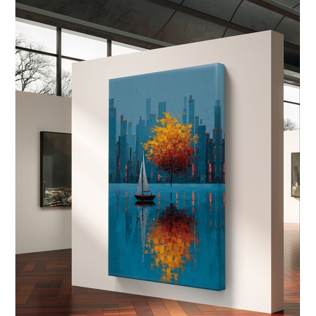 תמונת קנבס לסלון עם עץ כתום ונוף עירוני