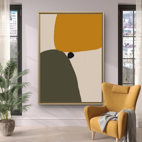 תמונת קנבס מופשטת בגווני כתום חרדלי, ירוק זית ושחור, בהדפסה חלקה ואיכותית, עיצוב מודרני לתלייה לאורך.