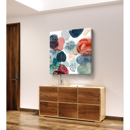 תמונת קנבס אבסטרקט צבעי מים עם צורות אורגניות בטורקיז, נייבי וקורל על רקע לבן