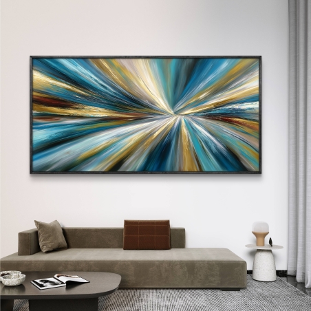 תמונת קנבס לרוחב המציגה תנועת קווים מתפרצים בגווני טורקיז, זהב, כחול ושמנת – מודפסת על קנבס חלק בגימור איכותי.