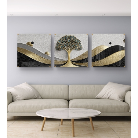 שלישיית תמונות זכוכית עץ החיים הזהוב עם גלים דקורטיביים בגווני זהב ושחור תלויות בסלון