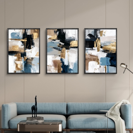 שלישיית תמונות קנבס מופשטות בגווני זהב, כחול ולבן בעיצוב מודרני ואלגנטי מבית תכשיט לבית