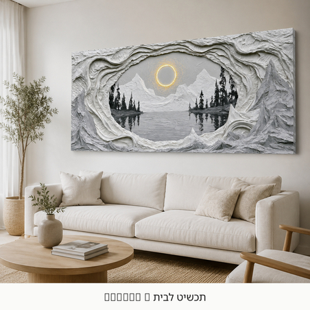 חלון אל ההרים – תמונת קנבס נוף לבנה עם הילה זהובה | RN1352