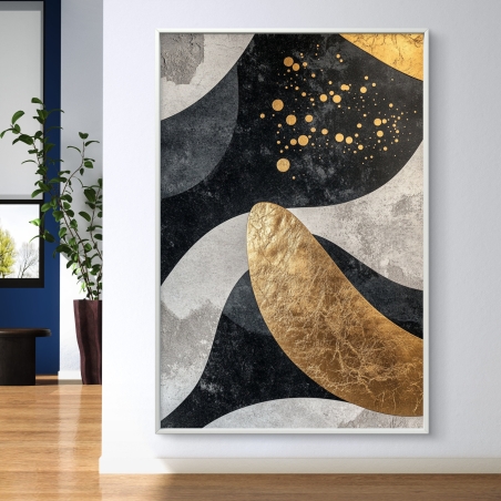 תמונת קנבס בגווני שחור, אפור ולבן עם אלמנטים בזהב - עיצוב גיאומטרי מודרני
