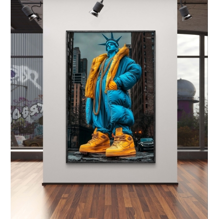 תמונה דיגיטלית של פסל החירות עם עיצוב אורבני – מעיל פוך כחול, נעלי סניקרס צהובות ושרשראות זהב, חלק מקולקציית M-X ART.