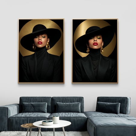 תמונת קנבס זוגית עם דמות נשית יוקרתית בכובע שחור ונגיעות זהב בעיצוב אופנתי מודרני