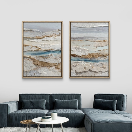 זוג תמונות קנבס מופשטות בגווני חול, לבן וכחול ים בעיצוב טבעי ואלגנטי מבית תכשיט לבית