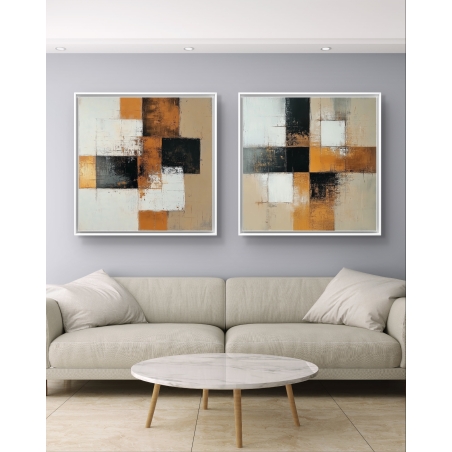 זוג תמונות קנבס בעיצוב גיאומטרי מופשט עם ריבועים בגווני חום, שחור ולבן, מתאימות לחללים מודרניים עם נגיעה עיצובית יוקרתית.
