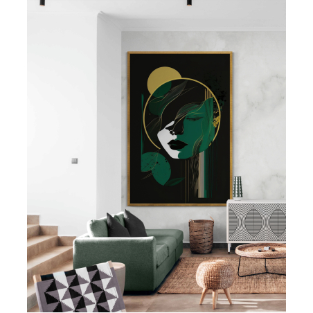 תמונה לסלון או למשרד אבסטרקט מינימליסטי גוונים של ירוק שחור וזהב מודפסת על קנבס דגם 205454