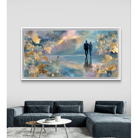 תמונת קנבס רומנטית של זוג הולך על שפת מים עם פרחים מוזהבים ברקע חלומי