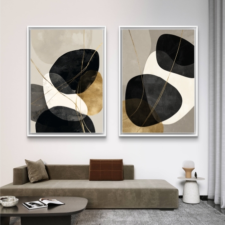 זוג תמונות קנבס מופשטות בגווני שחור, לבן וזהב בהדפסה איכותית מבית תכשיט לבית