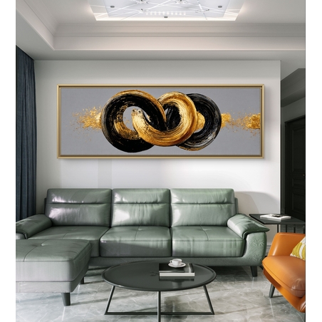 קשר אינסוף – תמונת קנבס פנורמית עם טבעות מכחול בשחור וזהב על רקע אפור | CT4673