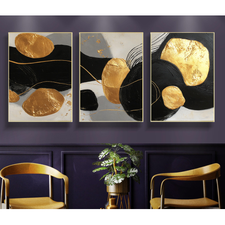 סט של שלוש תמונות קנבס אבסטרקטיות בצבעי שחור, אפור וזהב עם ברק מודרני