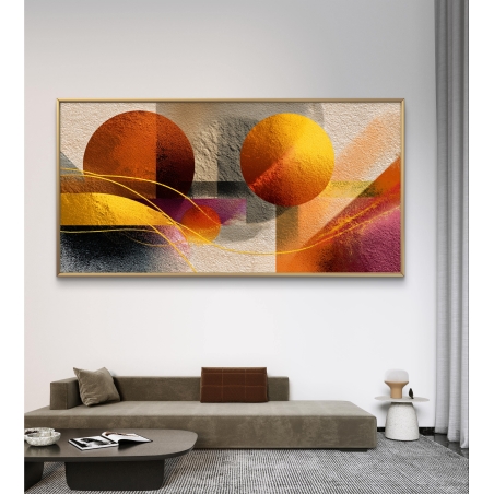 תמונת קנבס לרוחב – יצירת אבסטרקט עם עיגולים בגווני כתום וזהב