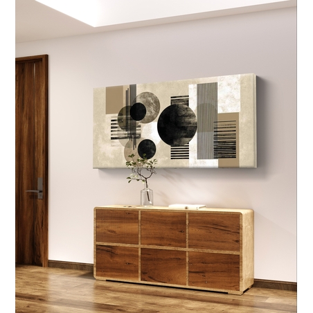 תמונת קנבס לרוחב בעיצוב גאומטרי מודרני בגווני קרם, בז׳ ושחור עם עיגולים וקווים מינימליסטיים לסלון.