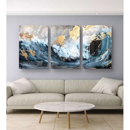 שלשת תמונות זכוכית גלים אבסטרקטיים בכחול, לבן וזהב – דגם GG5472