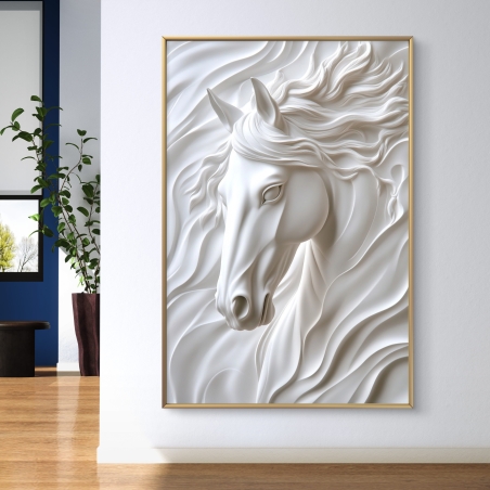 יצירת קנבס תלת-ממדית של סוס בצבע לבן עם טקסטורות זורמות ועיצוב אלגנטי.