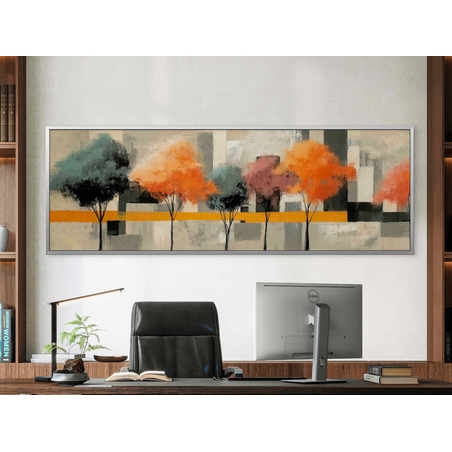 תמונת קנבס פנורמית של עצים צבעוניים בגווני טורקיז, ורוד וכתום על רקע מודרני – תכשיט לבית