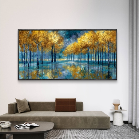 תמונת קנבס לרוחב עם יער עצים זהובים והשתקפות מים – עיצוב אומנותי מודרני מסדרת תכשיט לבית