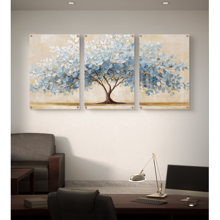 סט שלישייה של תמונות זכוכית עם עץ אבסטרקטי רחב בגווני תכלת, שמנת וזהב בעיצוב מודרני ורגוע