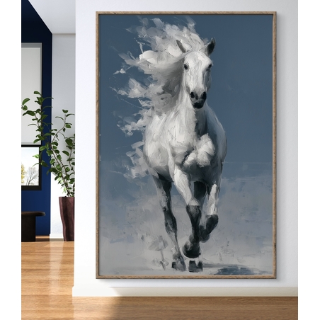 תמונת קנבס של סוס לבן דוהר על רקע כחול עמוק