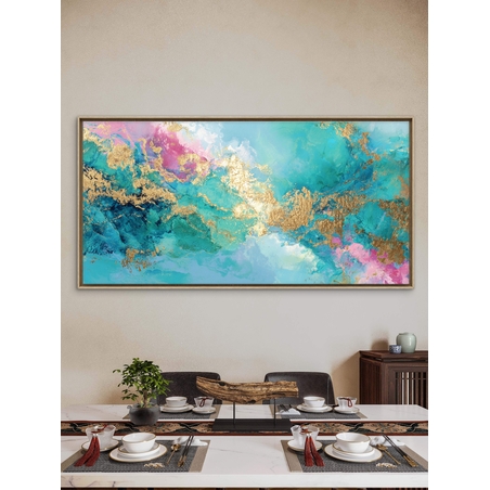 תמונת קנבס רחבה בגווני טורקיז ורוד עם נגיעות זהב – עיצוב מודרני