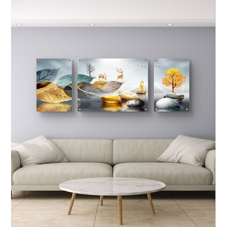 תמונת זכוכית מחולקת עם עלים מוזהבים, איילים, עץ וסירה בעיצוב טבעי מודרני