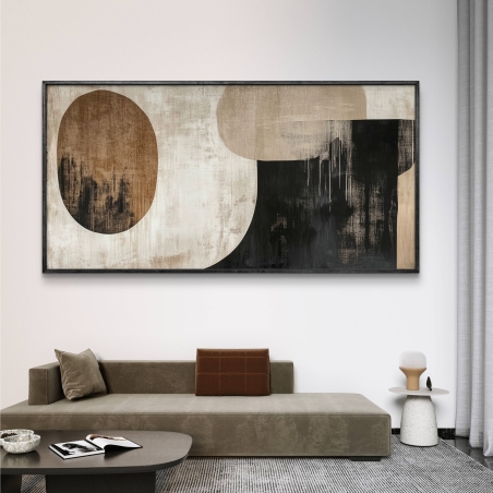תמונת קנבס בסגנון אבסטרקטי מודרני עם גוונים של שחור, חום, קרם ובז', עיצוב מינימליסטי והרמוני, מושלמת לסלון יוקרתי, משרד מודרני או חללים מעוצבים.