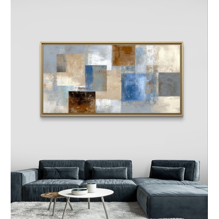 תמונת קנבס לסלון אבסטרקט גיאומטרי בגווני כחול, שמנת, אפור וקרמל, פורמט רוחבי