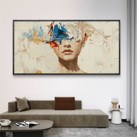 תמונת קנבס לרוחב של פורטרט נשי בציור שמן אבסטרקטי, עם מריחות צבע בולטות בגווני כחול, אדום וכתום שמסתירות חלק מהפנים, תלויה מעל ספה מודרנית בסלון מעוצב.