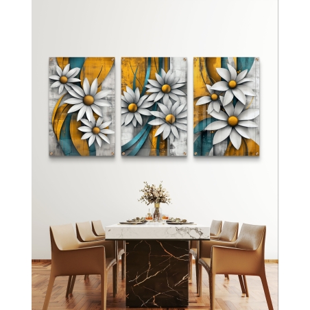 שלישיית תמונות זכוכית מעוצבות עם פרחים לבנים במרכז זהוב, על רקע בגווני טורקיז וזהב, המתאימות להשלמת עיצוב קלאסי ומודרני לפינת אוכל, סלון או משרד.