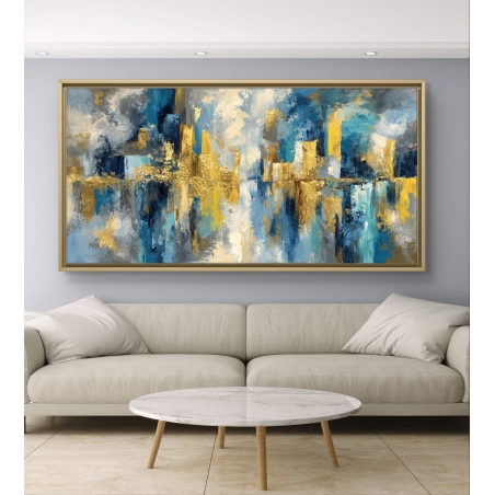 תמונת קנבס לרוחב בסגנון אבסטרקטי עם גווני כחול, זהב ולבן – הדפסה איכותית מתוך קולקציית תכשיט לבית