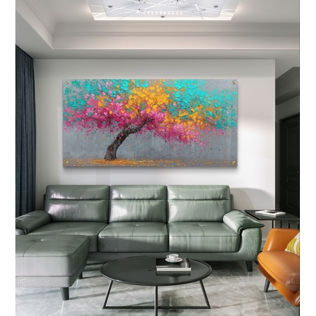תמונת זכוכית לרוחב עם עץ צבעוני בגווני ורוד טורקיז וצהוב בעיצוב מודרני לסלון